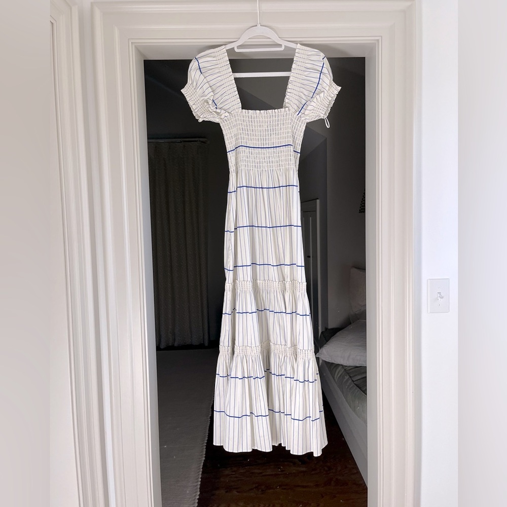 Tory Burch White Midi Dress with Blue Stripes and Smocked Bodice